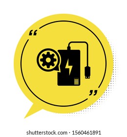Black Power bank with charge cable and gear icon isolated on white background. Adjusting app, service concept, setting options, maintenance, repair. Yellow speech bubble symbol. Vector Illustration