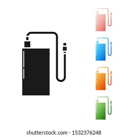 Black Power bank with different charge cable icon isolated on white background. Portable charging device. Set icons colorful. Vector Illustration