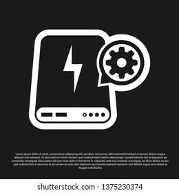 Black Power bank and gear icon isolated on black background. Adjusting app, service concept, setting options, maintenance, repair, fixing. Vector Illustration