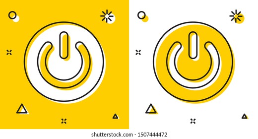 Black Power button icon isolated on yellow and white background. Start sign. Random dynamic shapes. Vector Illustration