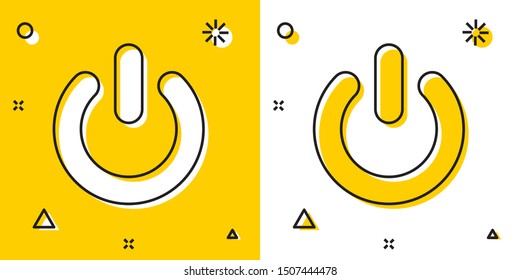 Black Power button icon isolated on yellow and white background. Start sign. Random dynamic shapes. Vector Illustration