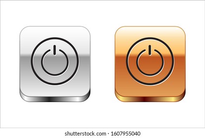 Black Power button icon isolated on white background. Start sign. Silver-gold square button. Vector Illustration