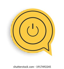 Icono del botón de alimentación negra aislado en fondo blanco. Iniciar el signo. Símbolo amarillo de burbuja de habla. Vector.