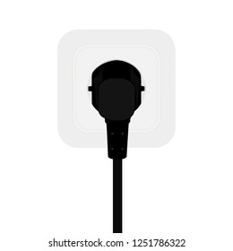 Black power cord cable plugged into european wall outlet on white wall. Vector illustration