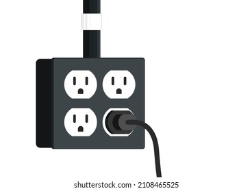 Black Power Cord Vector. Black Power Cord Cable Plugged Into White Wall Outlet On White White Wall With Copy Space.