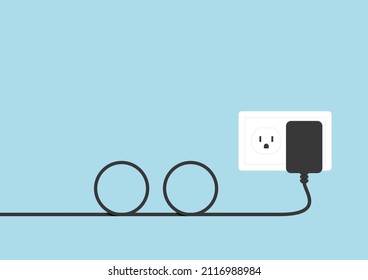 Black Power Cord Vector. Black Power Cord Cable Plugged Into Yellow Wall Outlet On White Blue Wall With Copy Space.