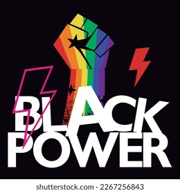 Black Power. Design for black history month t-shirt. Vector illustration of fist with the colors of the rainbow isolated on black