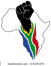 Black Power Fist Punching Upwards With The South African Flag Flowing From South Africa In The Continent Of Africa