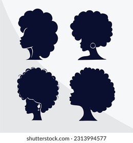 Black Power Hair Woman Silhouette Vector Drawing Set