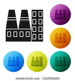 Black Power station plant and factory icon isolated on white background. Energy industrial concept. Set icons colorful circle buttons. Vector Illustration