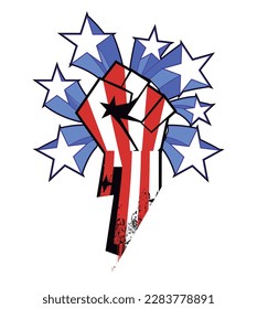 Black power. T-shirt design of a clenched black fist with stars around it. Vector illustration for afro history month