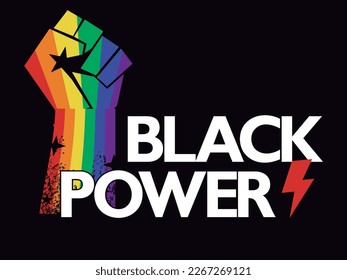 Black Power. T-shirt design of a fist with the colors of the rainbow and the symbol of thunder. vector illustration for black history month. gay pride poster