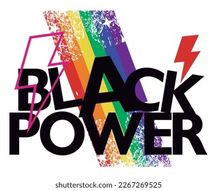 Black Power.  typographic design with black letters, lightning symbol and rainbow colors. Vector illustration for black history month. Gay pride poster