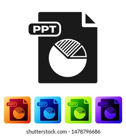 Black PPT file document. Download ppt button icon isolated on white background. PPT file presentation. Set icons in color square buttons. Vector Illustration