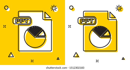 Black PPT file document. Download ppt button icon isolated on yellow and white background. PPT file presentation. Random dynamic shapes. Vector Illustration