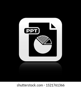 Black PPT file document. Download ppt button icon isolated on black background. PPT file presentation. Silver square button. Vector Illustration