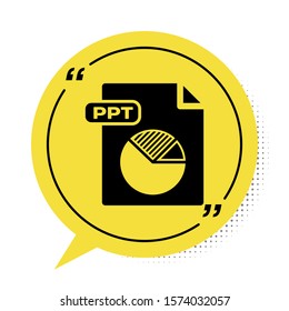 Black PPT file document. Download ppt button icon isolated on white background. PPT file presentation. Yellow speech bubble symbol. Vector Illustration