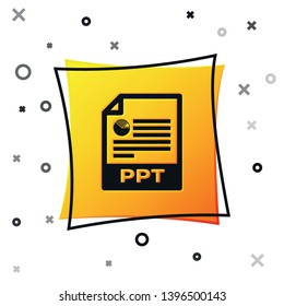 Black PPT file document icon. Download ppt button icon isolated on white background. PPT file presentation. Yellow square button. Vector Illustration