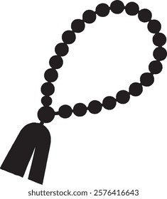 A black prayer beads (tasbih) icon on a white background. The design features a circular string of beads with a tassel, symbolizing devotion, meditation, and spirituality in a simple and elegant style