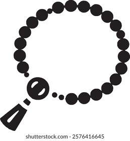 A black prayer beads (tasbih) icon on a white background. The design features a circular string of beads with a tassel, symbolizing devotion, meditation, and spirituality in a simple and elegant style