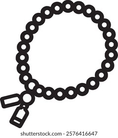 A black prayer beads (tasbih) icon on a white background. The design features a circular string of beads with a tassel, symbolizing devotion, meditation, and spirituality in a simple and elegant style