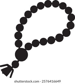 A black prayer beads (tasbih) icon on a white background. The design features a circular string of beads with a tassel, symbolizing devotion, meditation, and spirituality in a simple and elegant style