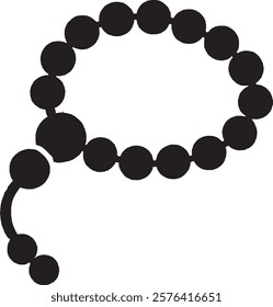 A black prayer beads (tasbih) icon on a white background. The design features a circular string of beads with a tassel, symbolizing devotion, meditation, and spirituality in a simple and elegant style