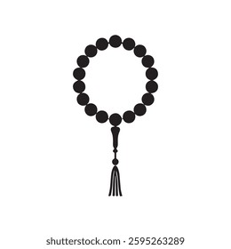 A black prayer beads (tasbih) icon on a white background. The design features a circular string of beads with a tassel, symbolizing devotion, meditation, and spirituality in a simple and elegant style