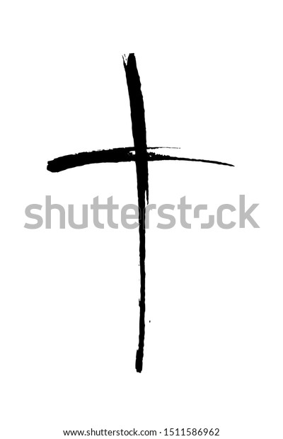 黒い祈りの十字架のベクターイラスト 白い背景にカトリックの宗教のシンボル手描きのペイントブラシイラストとタイポグラフィ キリスト教信仰 のベクター画像素材 ロイヤリティフリー