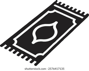 A black prayer mat icon on a white background. It features a rectangular mat with a pointed arch design at the top, symbolizing devotion and spirituality in a simple and elegant style.