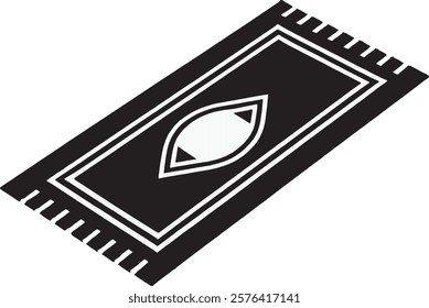 A black prayer mat icon on a white background. It features a rectangular mat with a pointed arch design at the top, symbolizing devotion and spirituality in a simple and elegant style.