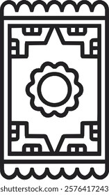 A black prayer mat icon on a white background. It features a rectangular mat with a pointed arch design at the top, symbolizing devotion and spirituality in a simple and elegant style.