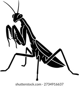 A black praying mantis vector icon in silhouette style, isolated on white. Ideal for nature education graphics, pest control branding, martial arts logos, and garden decals.

