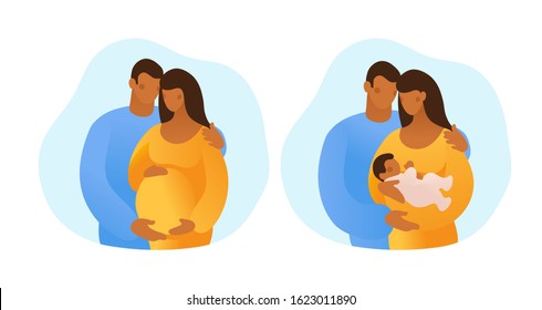 Black pregnant couple. African husband and wife with a child. Married couple with a newborn on a sky background. Flat vector illustration isolated on white