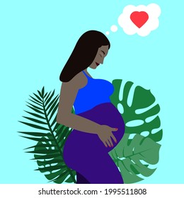 Black pregnant girl on a background of leaves on a blue background, vector illustration