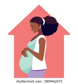 black pregnant woman cartoon in house design, Belly pregnancy maternity and mother theme Vector illustration