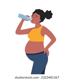 Black pregnant woman drinking water in flat design on white background.