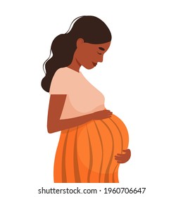 Black pregnant woman in fashionable dress hugs her belly. Vector illustration in a flat style