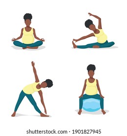 Black pregnant woman goes in for sports. Yoga, gymnastics and exercise with a fitball for pregnant women. Set of flat vector illustrations.
