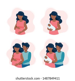 Black pregnant woman, woman holding a newborn baby, an expecting black couple, parents with a baby. Vector illustration in cartoon style.