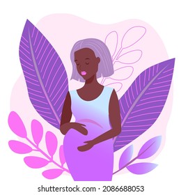 Black pregnant woman holds her belly. Modern illustration about pregnancy, maternity, gestation period and motherhood. Dark-skinned girl waiting for her newborn baby. Baby waiting vector concept.