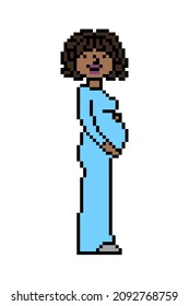 Black pregnant woman in a long blue dress touching her belly, side view pixel art game character isolated on white. African girl expecting a baby, 8 bit icon. Third trimester pregnancy. Single mother.