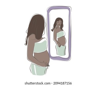 Black pregnant woman looking at herself in a mirror. Full length of young pregnant woman in line art styled. Vector flat design illustration isolated on white background.