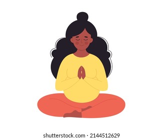 Black pregnant woman meditating in lotus pose. Healthy pregnancy, yoga, relax, breathing exercise. Hand drawn vector illustration