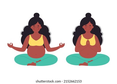 Black pregnant woman meditating in lotus pose. Healthy pregnancy, yoga, relax, breathing exercise. Hand drawn vector illustration