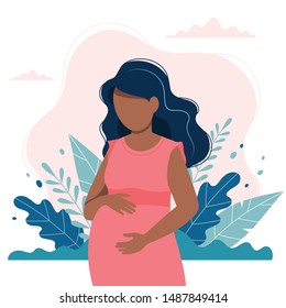 Black pregnant woman with nature and leaves background. Concept vector illustration in flat style. 