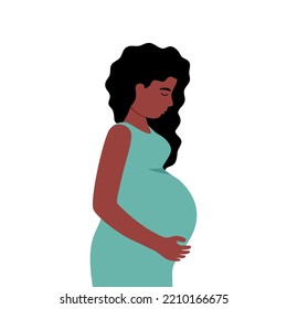 Black pregnant woman with sad face in flat design on white background.