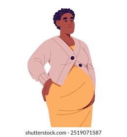 Black pregnant woman supports belly, holds hand under abdomen. Happy expectant mother loves her future baby. Modern pregnancy, motherhood. Flat isolated vector illustration on white background