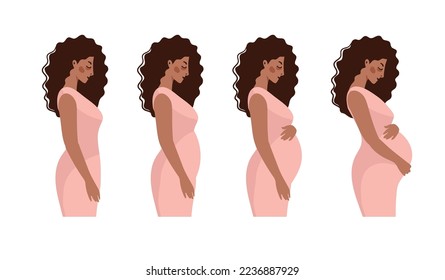 Black pregnant woman, trimester pregnancy. Fetal stages, infographic with mom to prepare for childbirth. Flat vector cartoon illustration.