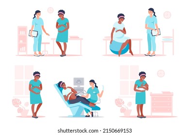 Black pregnant woman visiting doctor for examination, sonographer scanning, preparing for childbirth. Happy future mother at medical checkup. Pregnancy and maternity concept. Vector flat illustration